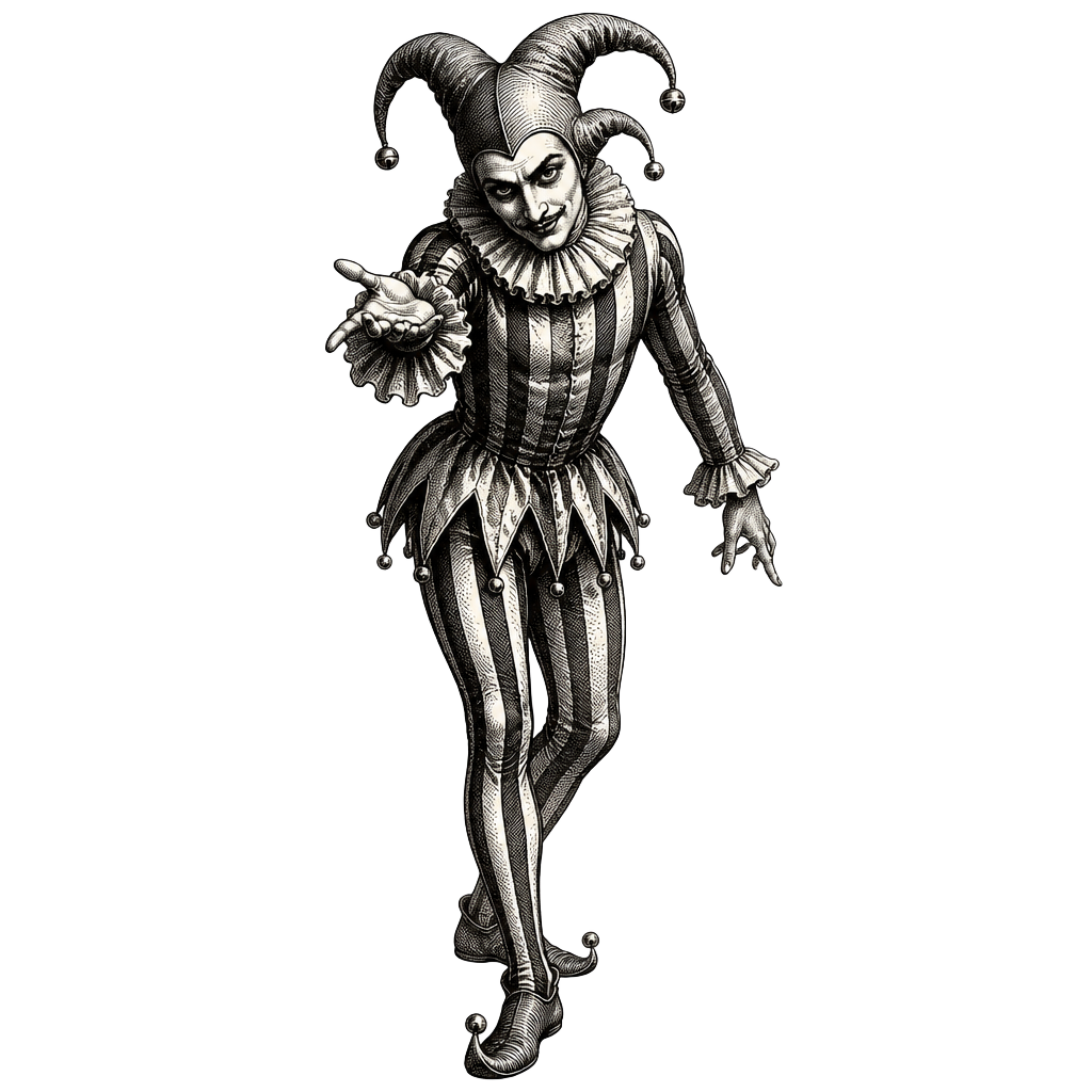 A sinister circus jester inviting guests into The Fallout